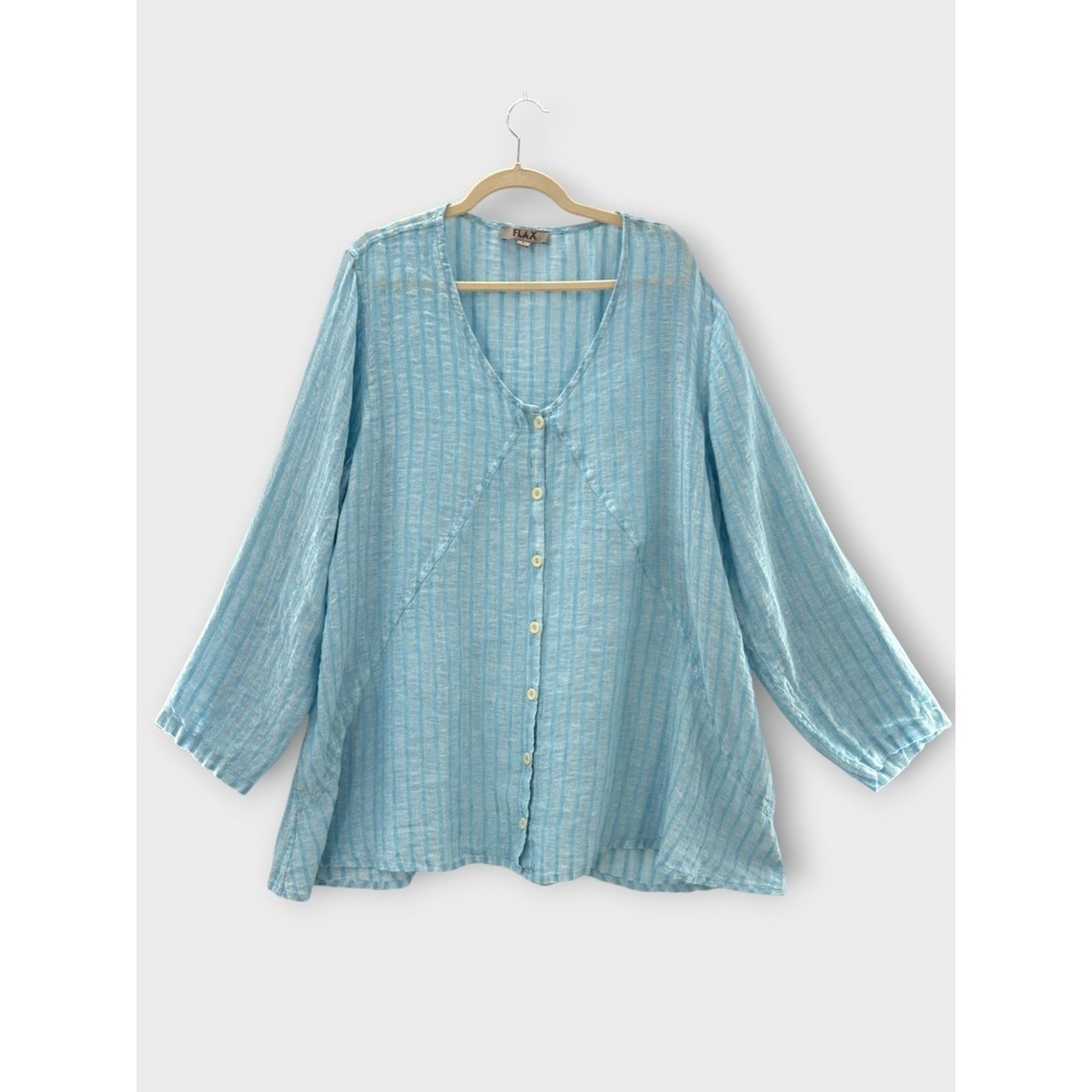 FLAX X-Specially Nice Button Up Tunic L Blue Striped Long Sleeve Lagenlook Airy
